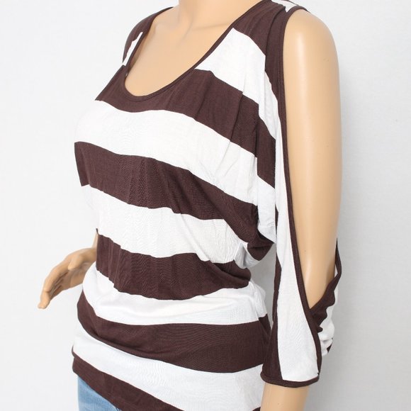 INC International Concepts Brown White Striped Cold Shoulder Top S - Picture 3 of 6